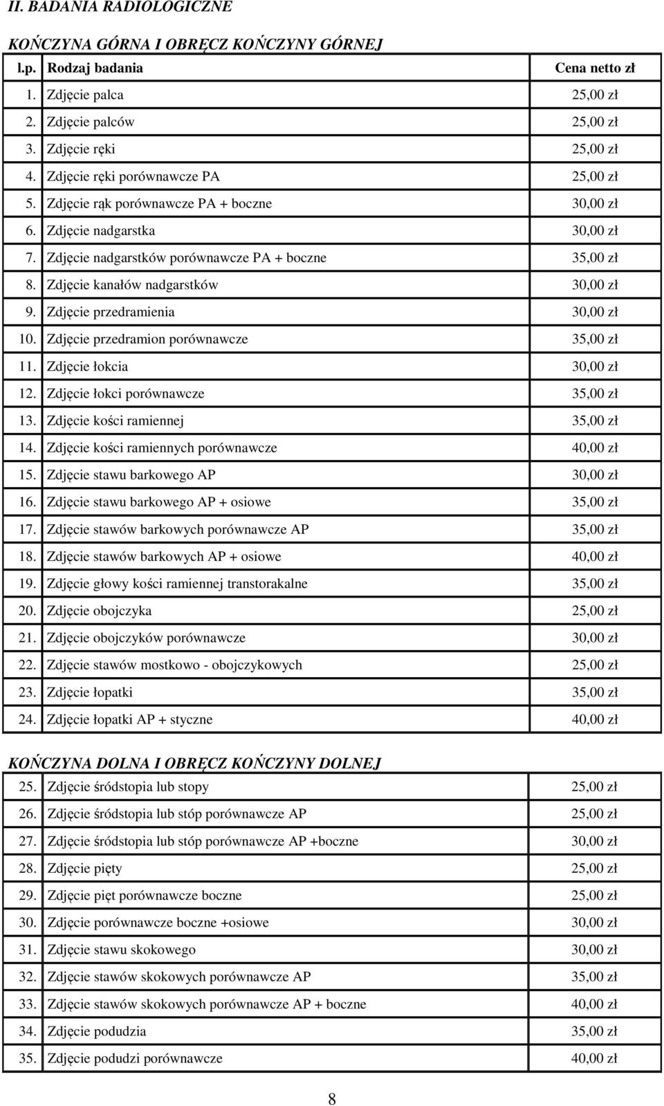 Zdjęcie kanałów nadgarstków 30,00 zł 9. Zdjęcie przedramienia 30,00 zł 10. Zdjęcie przedramion porównawcze 35,00 zł 11. Zdjęcie łokcia 30,00 zł 12. Zdjęcie łokci porównawcze 35,00 zł 13.