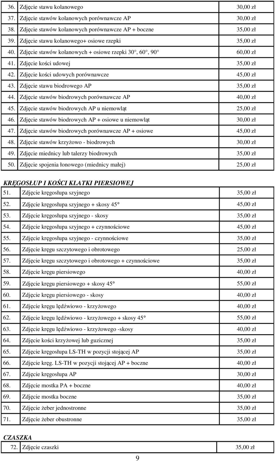 Zdjęcie stawu biodrowego AP 35,00 zł 44. Zdjęcie stawów biodrowych porównawcze AP 40,00 zł 45. Zdjęcie stawów biodrowych AP u niemowląt 25,00 zł 46.