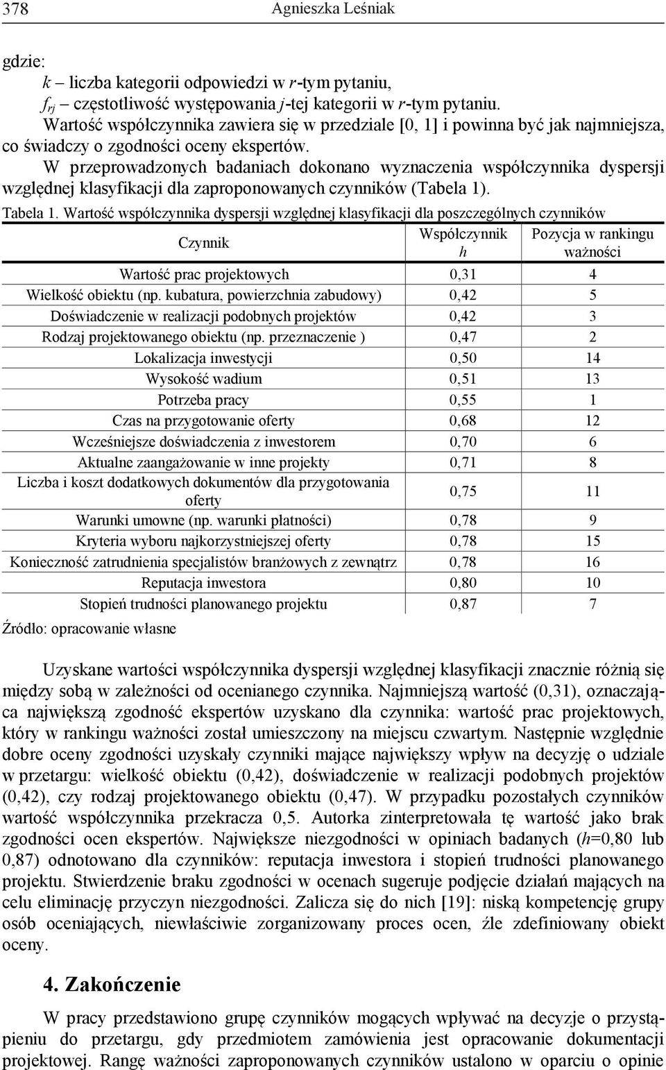 W przeprowadzonych badaniach dokonano wyznaczenia współczynnika dyspersji względnej klasyfikacji dla zaproponowanych czynników (Tabela 1). Tabela 1.