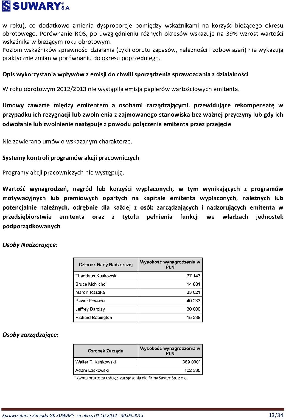 Poziom wskaźników sprawności działania (cykli obrotu zapasów, należności i zobowiązań) nie wykazują praktycznie zmian w porównaniu do okresu poprzedniego.