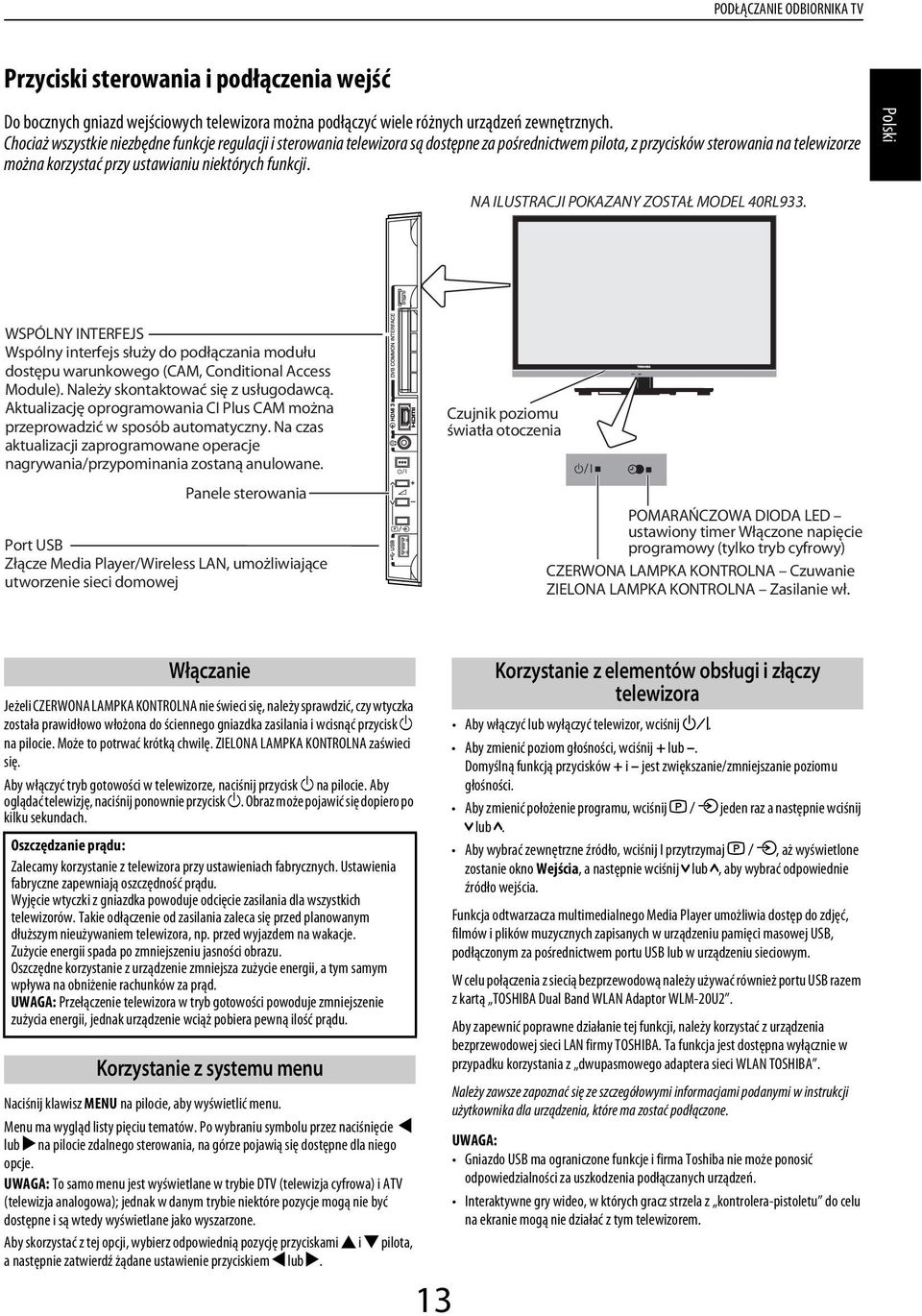 NA ILUSTRACJI POKAZANY ZOSTAŁ MODEL 40RL933. WSPÓLNY INTERFEJS Wspólny interfejs służy o połązni moułu ostępu wrunkowego (CAM, Conitionl Aess Moule). Nleży skontktowć się z usługową.