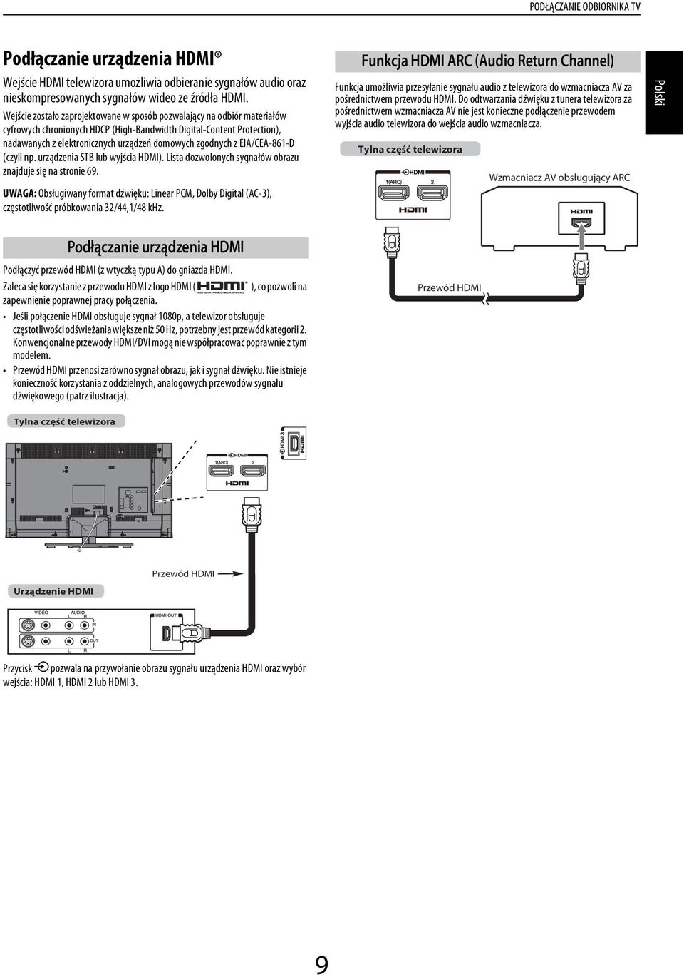 urzązeni STB lu wyjśi HDMI). List ozwolonyh sygnłów orzu znjuje się n stronie 69. UWAGA: Osługiwny formt źwięku: Liner PCM, Doly Digitl (AC-3), zęstotliwość prókowni 32/44,1/48 khz.