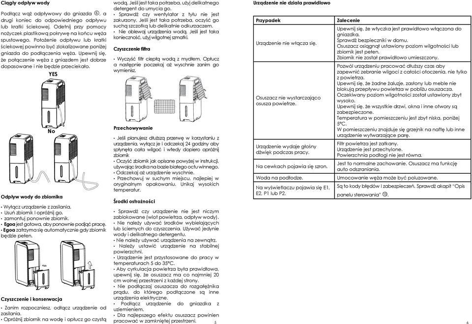 YES No Odpływ wody do zbiornika Wyłącz urządzenie z zasilania. Usuń zbiornik I opróżnij go. zamontuj ponownie zbiornik. Egoa jest gotowa, aby ponownie podjąć pracę.