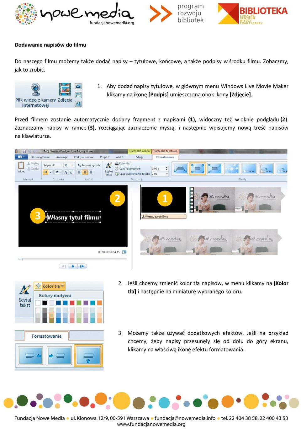 Przed filmem zostanie automatycznie dodany fragment z napisami (1), widoczny też w oknie podglądu (2).