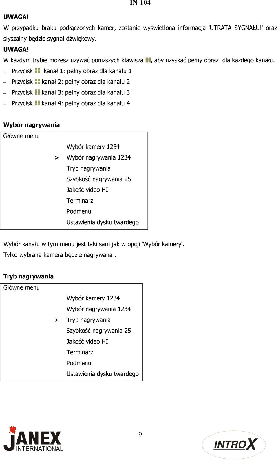 Przycisk kanał 1: pełny obraz dla kanału 1 Przycisk kanał 2: pełny obraz dla kanału 2 Przycisk kanał 3: pełny obraz dla kanału 3 Przycisk kanał 4: pełny obraz dla kanału 4 Wybór nagrywania Główne