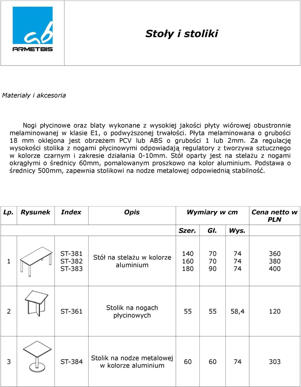 Za regulację wysokości stolika z nogami płycinowymi odpowiadają regulatory z tworzywa sztucznego w kolorze czarnym i zakresie działania 0-10mm.