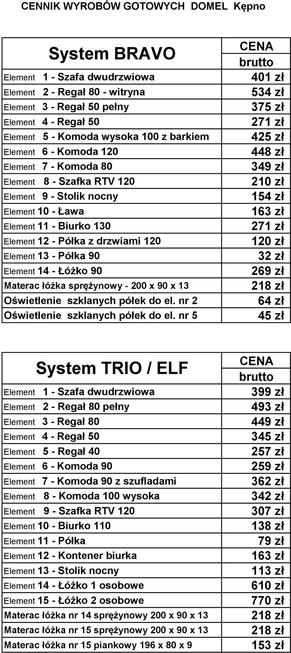 RTV 120 Element 9 - Stolik nocny Element 10 - Ława Element 11 - Biurko 130 Element 12 - Półka z drzwiami 120 Element 13 - Półka 90 Element 14 - Łóżko 90 Materac łóżka sprężynowy - 200 x 90 x 13