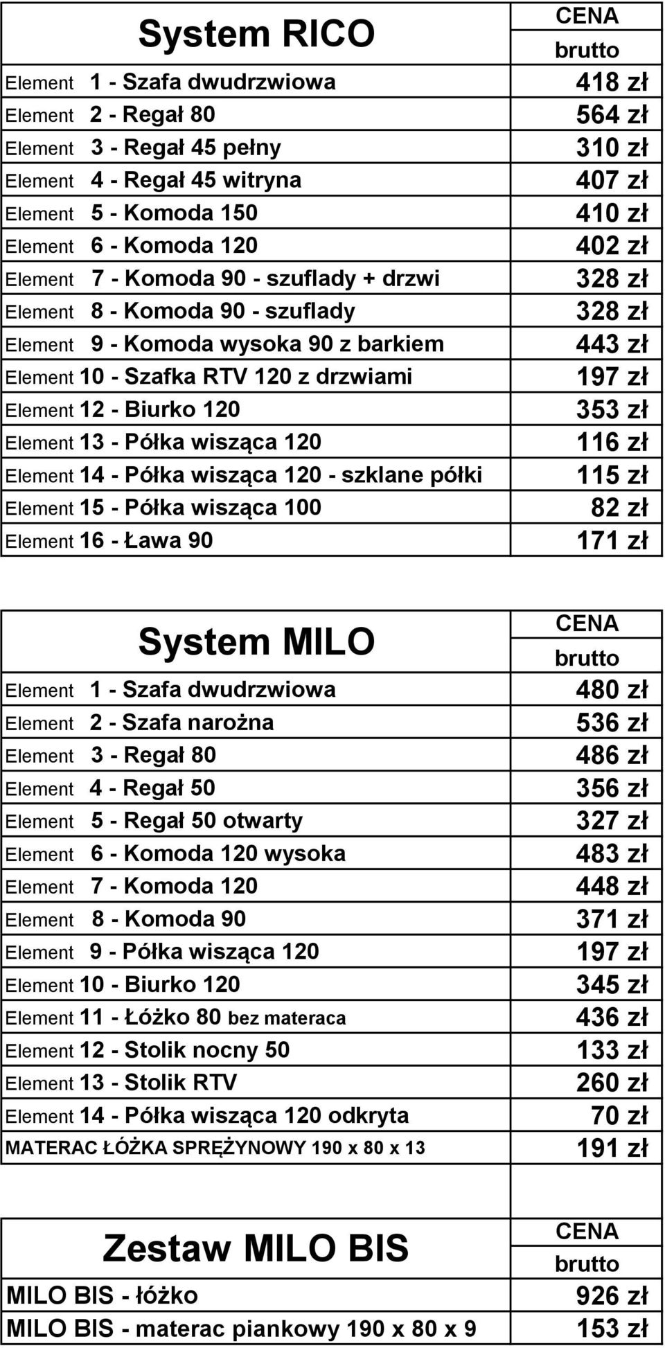 - Półka wisząca 100 Element 16 - Ława 90 418 zł 564 zł 310 zł 407 zł 410 zł 402 zł 328 zł 328 zł 443 zł 197 zł 353 zł 116 zł 115 zł 82 zł 171 zł System MILO Element 2 - Szafa narożna Element 3 -