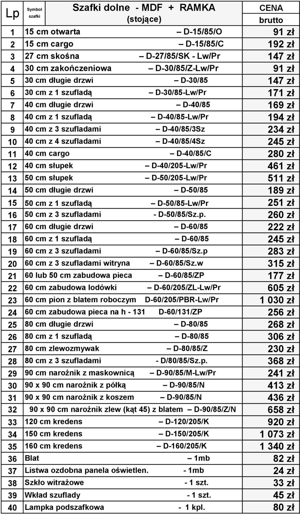 zł 10 40 cm z 4 szufladami D-40/85/4Sz 245 zł 11 40 cm cargo D-40/85/C 280 zł 12 40 cm słupek D-40/205-Lw/Pr 461 zł 13 50 cm słupek D-50/205-Lw/Pr 511 zł 14 50 cm długie drzwi D-50/85 189 zł 15 50 cm