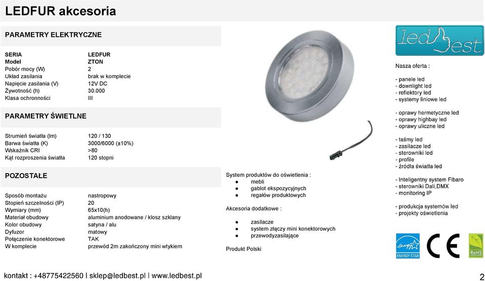 Kąt rozproszenia światła 1 / 130 3000/6000 (±10%) >80 1 stopni Dyfuzor W