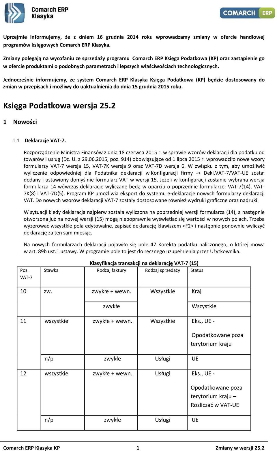 Jednocześnie informujemy, że system Comarch ERP Klasyka Księga Podatkowa (KP) będzie dostosowany do zmian w przepisach i możliwy do uaktualnienia do dnia 15 grudnia 2015 roku.