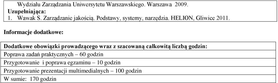 Informacje dodatkowe: Dodatkowe obowiązki prowadzącego wraz z szacowaną całkowitą liczbą godzin: