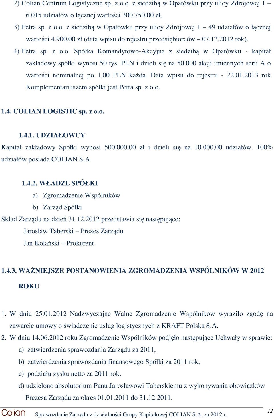 PLN i dzieli się na 50 000 akcji imiennych serii A o wartości nominalnej po 1,00 PLN każda. Data wpisu do rejestru - 22.01.2013 rok Komplementariuszem spółki jest Petra sp. z o.o. 1.4.