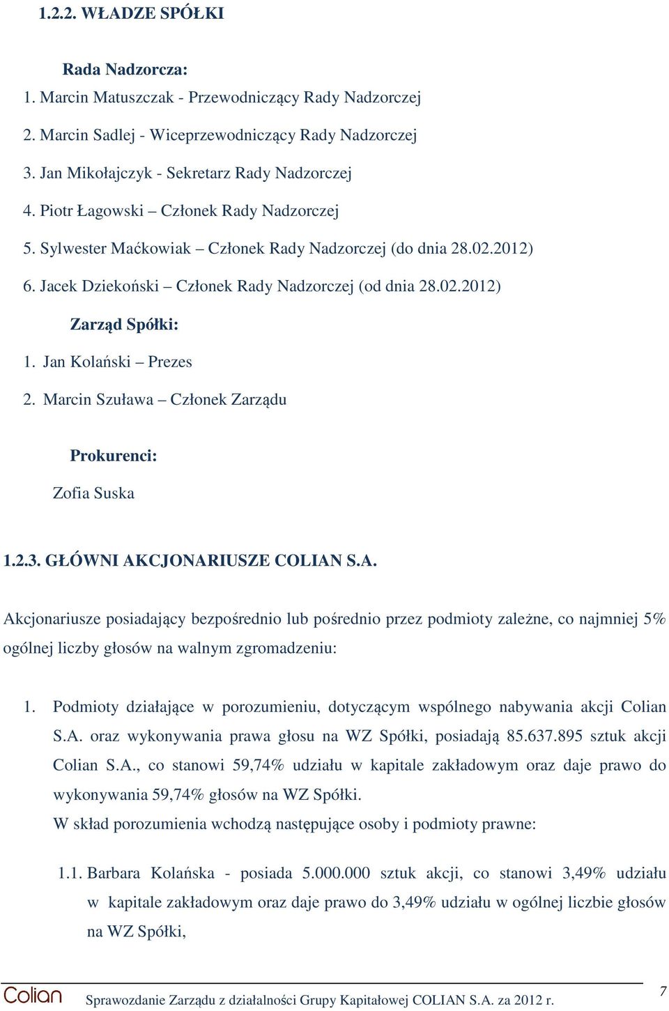 Jan Kolański Prezes 2. Marcin Szuława Członek Zarządu Prokurenci: Zofia Suska 1.2.3. GŁÓWNI AK