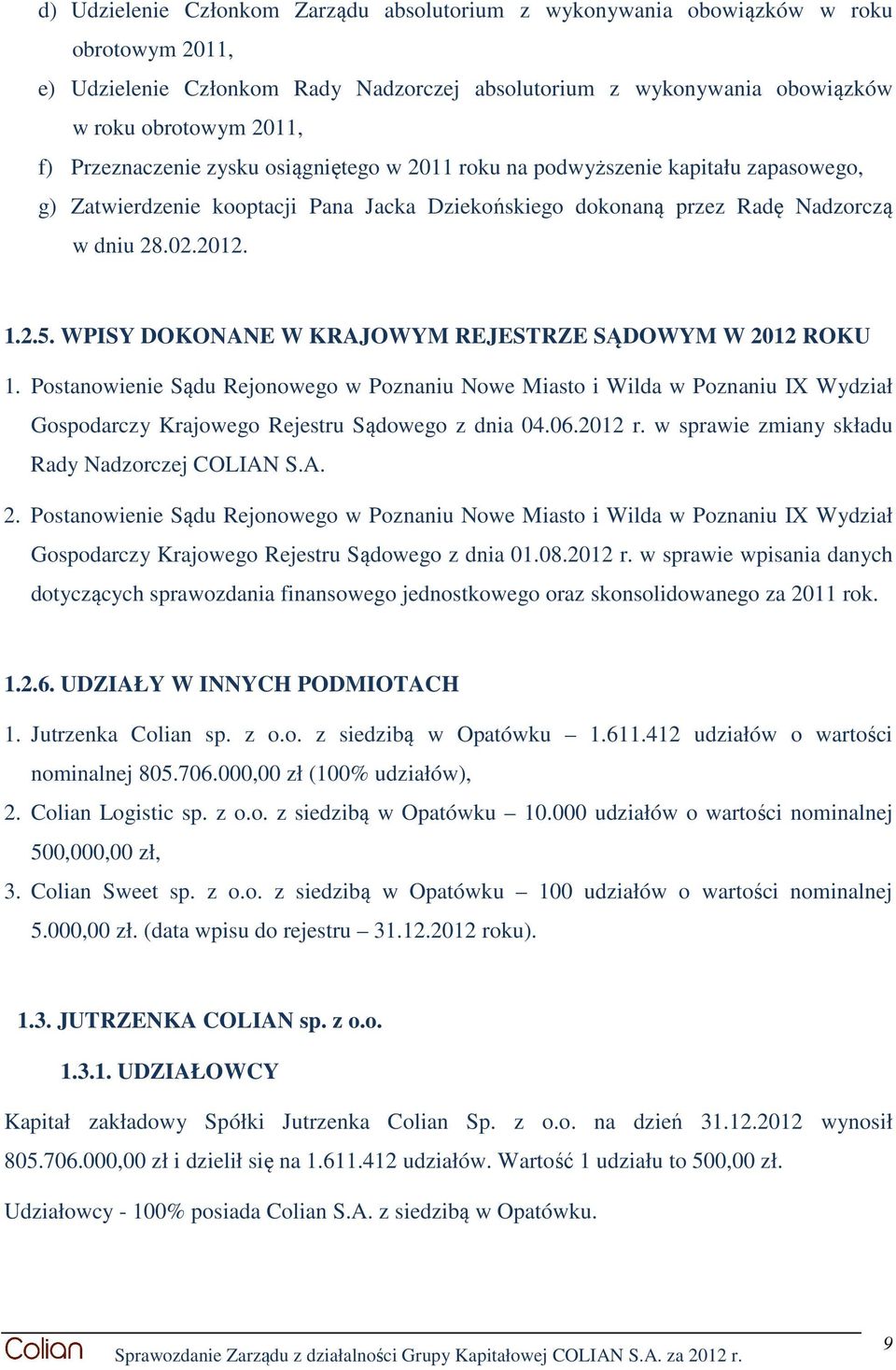 WPISY DOKONANE W KRAJOWYM REJESTRZE SĄDOWYM W 2012 ROKU 1. Postanowienie Sądu Rejonowego w Poznaniu Nowe Miasto i Wilda w Poznaniu IX Wydział Gospodarczy Krajowego Rejestru Sądowego z dnia 04.06.