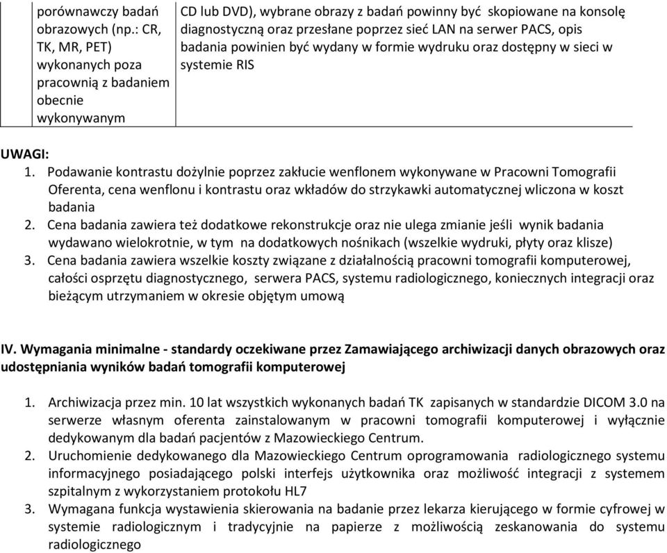 serwer PACS, opis badania powinien być wydany w formie wydruku oraz dostępny w sieci w systemie RIS UWAGI: 1.