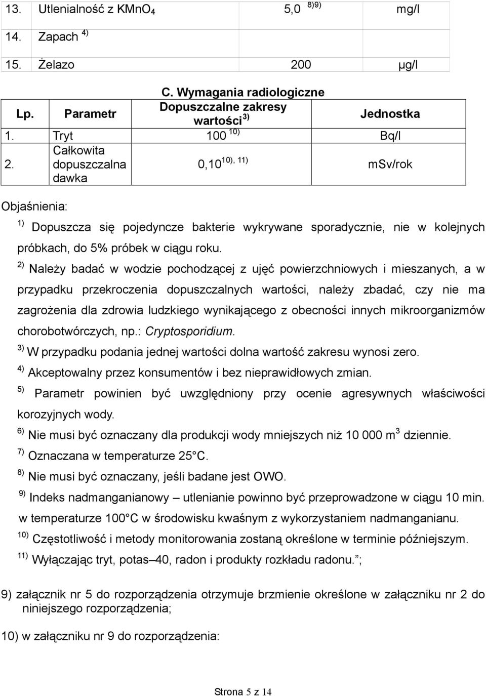 2) Należy badać w wodzie pochodzącej z ujęć powierzchniowych i mieszanych, a w przypadku przekroczenia dopuszczalnych wartości, należy zbadać, czy nie ma zagrożenia dla zdrowia ludzkiego wynikającego