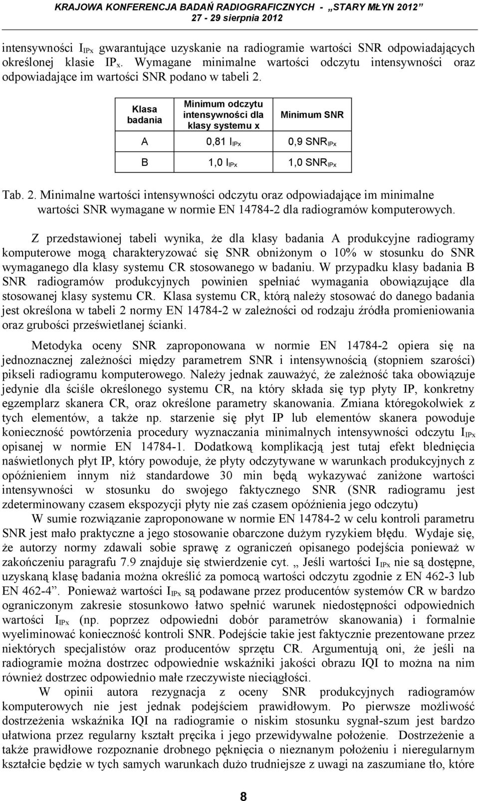 Klasa badania Minimum odczytu intensywności dla klasy systemu x Minimum SNR A 0,81 I IPx 0,9 SNR IPx B 1,0 I IPx 1,0 SNR IPx Tab. 2.