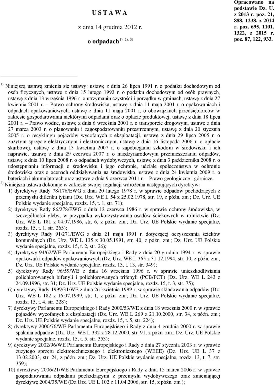 o podatku dochodowym od osób prawnych, ustawę z dnia 13 września 1996 r. o utrzymaniu czystości i porządku w gminach, ustawę z dnia 27 kwietnia 2001 r.