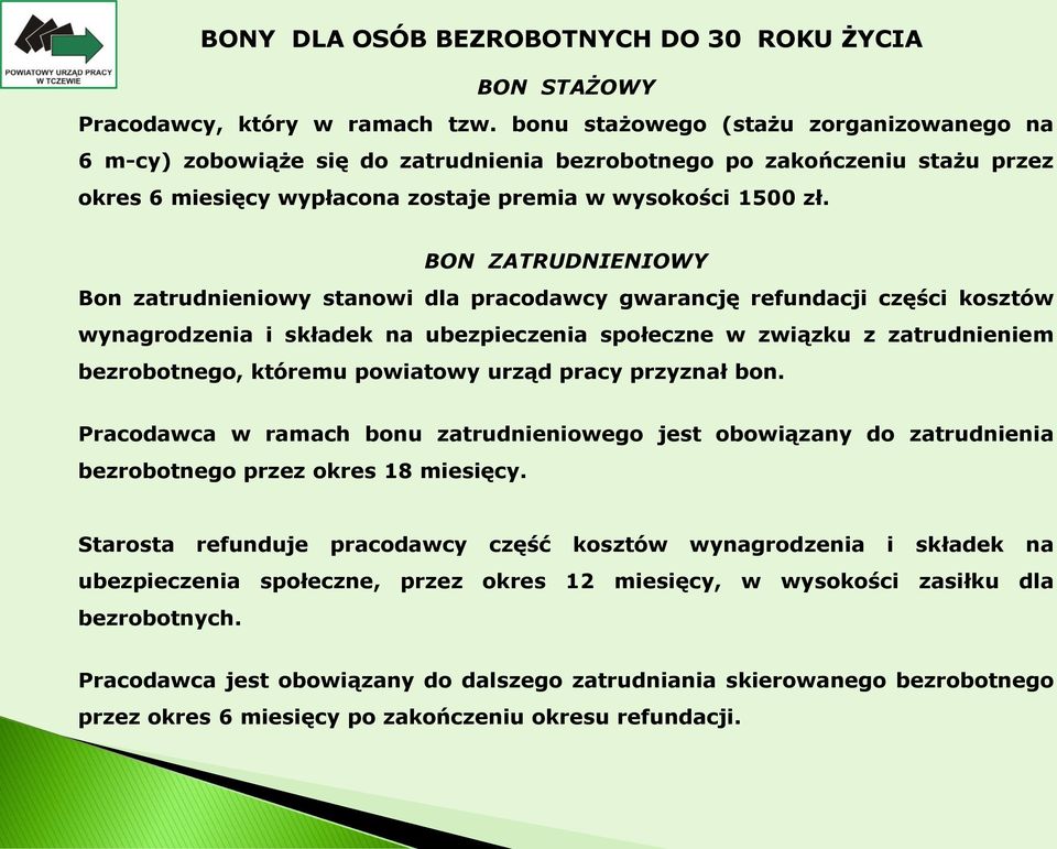 BON ZATRUDNIENIOWY Bon zatrudnieniowy stanowi dla pracodawcy gwarancję refundacji części kosztów wynagrodzenia i składek na ubezpieczenia społeczne w związku z zatrudnieniem bezrobotnego, któremu