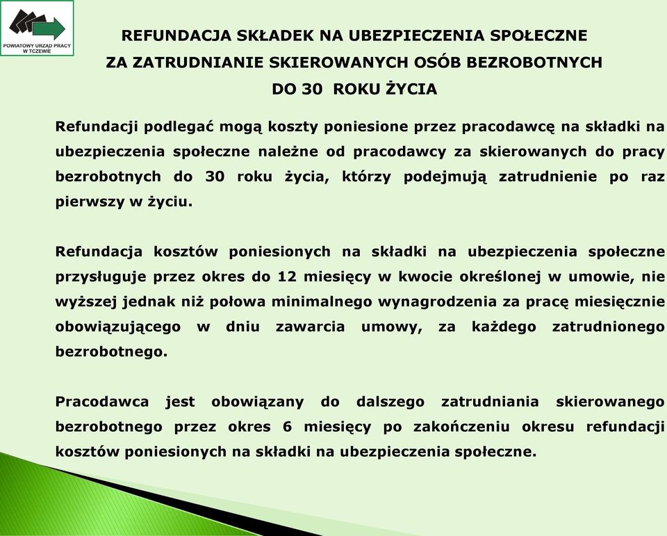 Refundacja kosztów poniesionych na składki na ubezpieczenia społeczne przysługuje przez okres do 12 miesięcy w kwocie określonej w umowie, nie wyższej jednak niż połowa minimalnego wynagrodzenia za