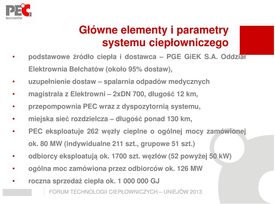 przepompownia PEC wraz z dyspozytornią systemu, miejska sieć rozdzielcza długość ponad 130 km, PEC eksploatuje 262 węzły cieplne o ogólnej mocy