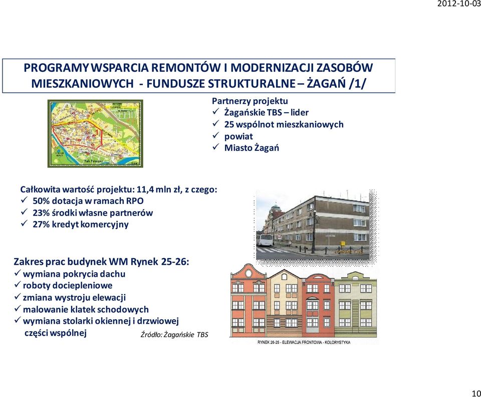 partnerów 27% kredyt komercyjny Zakres prac budynek WM Rynek 25-26: wymiana pokrycia dachu roboty dociepleniowe