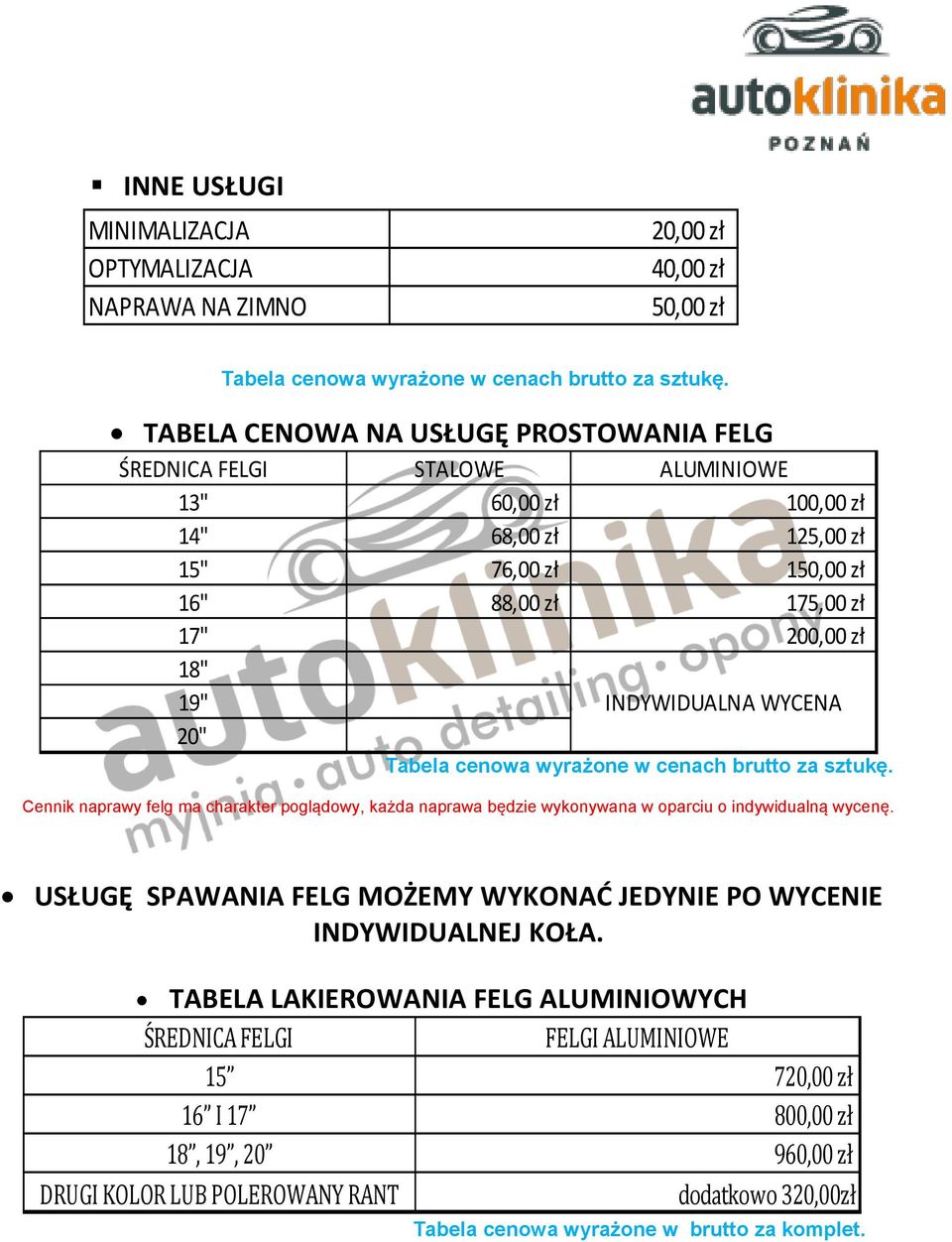 INDYWIDUALNA WYCENA Tabela cenowa wyrażone w cenach brutto za sztukę. Cennik naprawy felg ma charakter poglądowy, każda naprawa będzie wykonywana w oparciu o indywidualną wycenę.