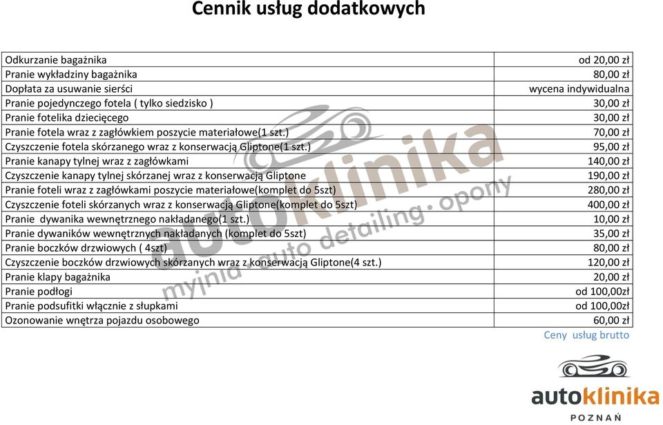 ) Pranie kanapy tylnej wraz z zagłówkami Czyszczenie kanapy tylnej skórzanej wraz z konserwacją Gliptone Pranie foteli wraz z zagłówkami poszycie materiałowe(komplet do 5szt) Czyszczenie foteli