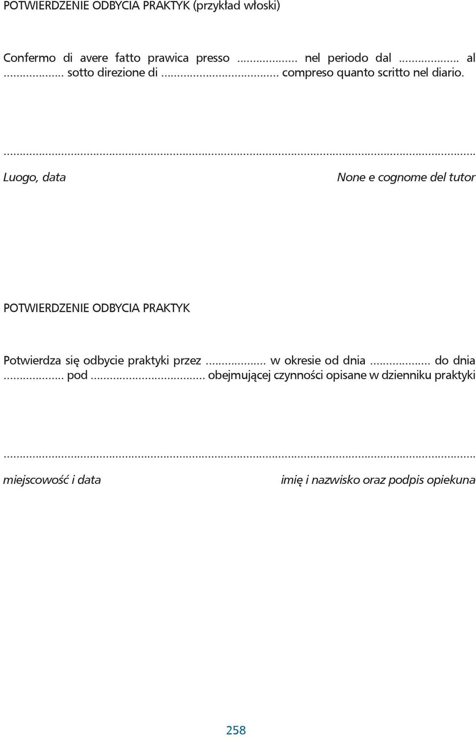 Luogo, data None e cognome del tutor POTWIERDZENIE ODBYCIA PRAKTYK Potwierdza się odbycie praktyki przez.