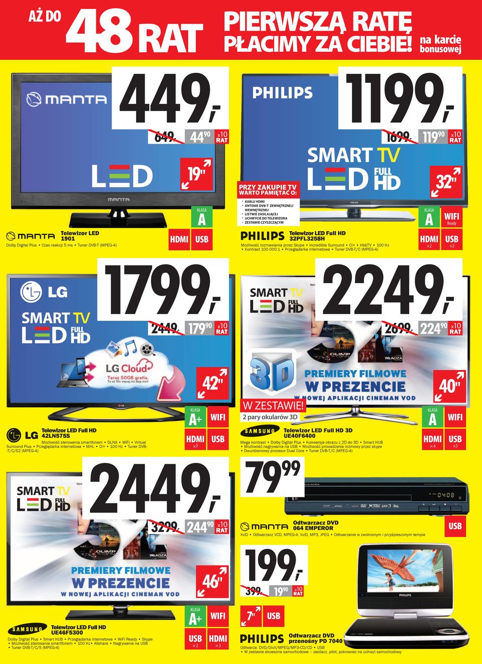 Kontrast 100 000:1 Przeglądarka internetowa Tuner DVB-T/C (MPEG-4) 1199, 119 1699, A Ready 2 2 2249, 2699, 224 42" 40" Telewizor LED Full HD 42LN575S Możliwość sterowania smartfonem DLNA WiFi Virtual