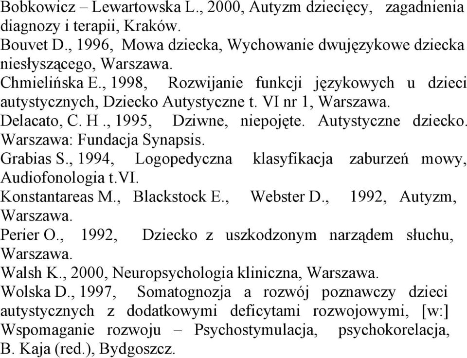 Grabias S., 1994, Logopedyczna klasyfikacja zaburzeń mowy, Audiofonologia t.vi. Konstantareas M., Blackstock E., Webster D., 1992, Autyzm, Warszawa. Perier O.