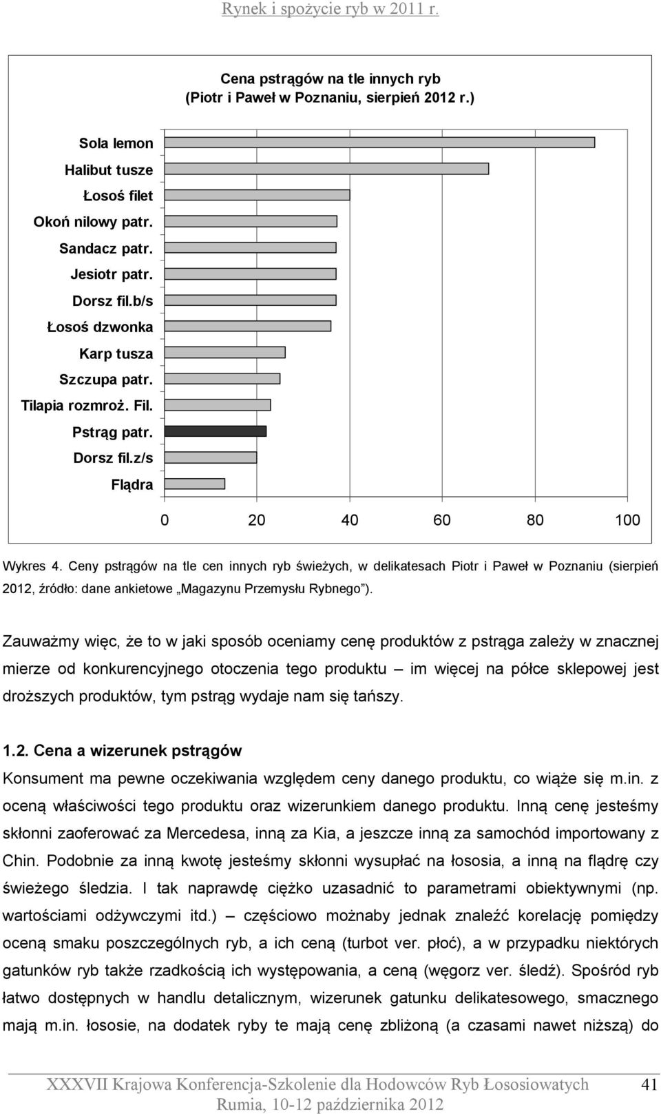Ceny pstrągów na tle cen innych ryb świeżych, w delikatesach Piotr i Paweł w Poznaniu (sierpień 2012, źródło: dane ankietowe Magazynu Przemysłu Rybnego ).