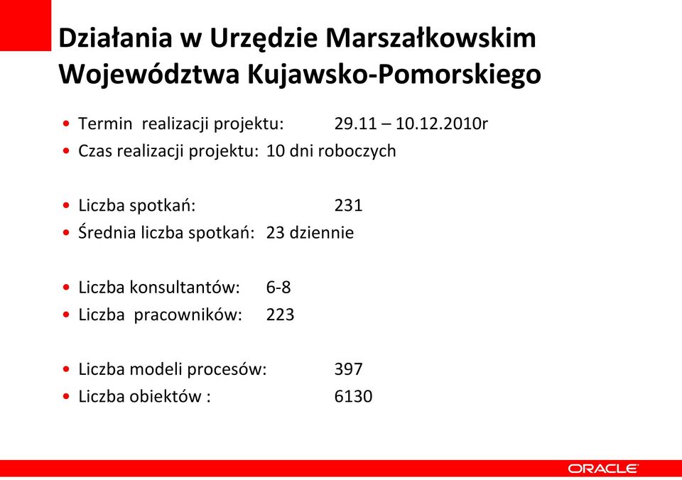 2010r Liczba spotkań: 231 Średnia liczba spotkań: 23 dziennie Liczba