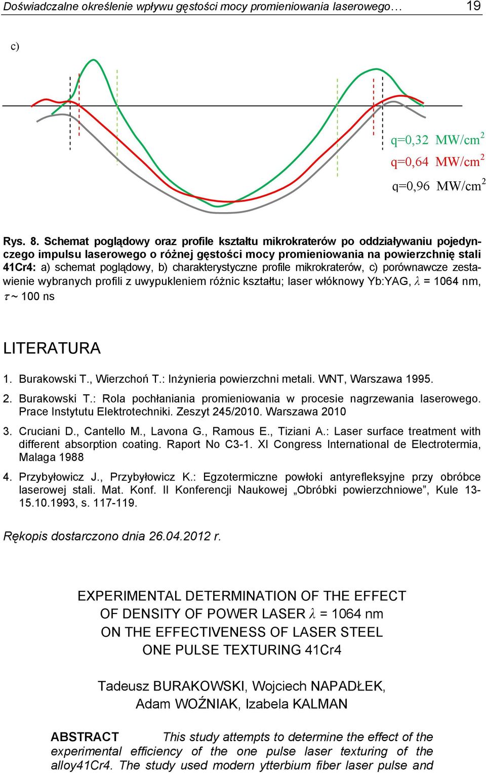 charakterystyczne profile mikrokraterów, c) porównawcze zestawienie wybranych profili z uwypukleniem różnic kształtu; laser włóknowy Yb:YAG, λ = 1064 nm, τ ~ 100 ns LITERATURA 1. Burakowski T.