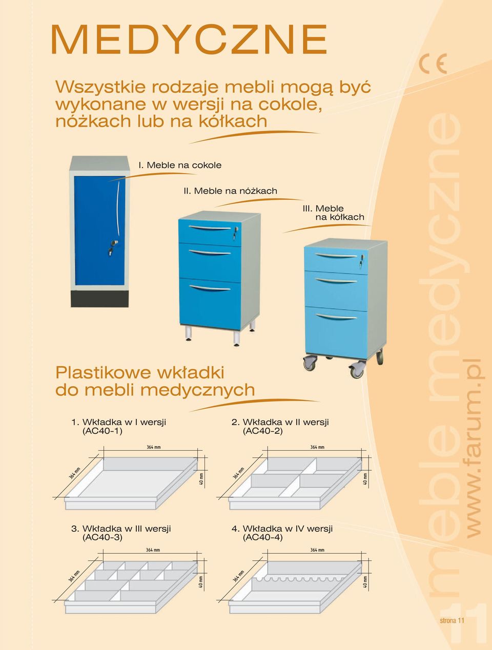 na kółkach Plastikowe wkładki do mebli medycznych 1. Wkładka w I wersji 1. (AC40-1) 2.