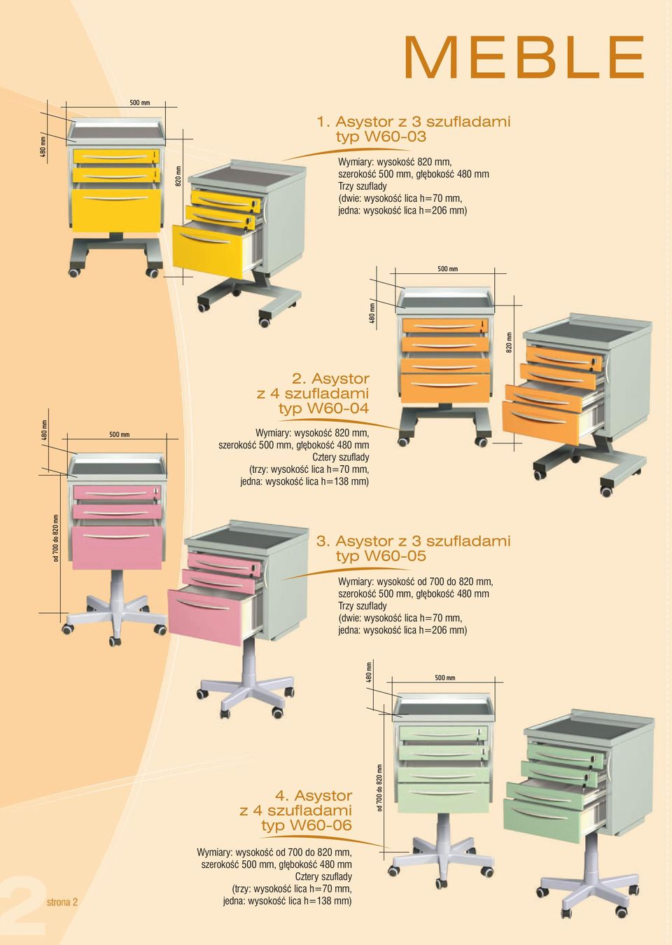 Asystor z 4 szufladami typ W60-04 Wymiary: wysokość 820 mm, szerokość 500 mm, głębokość 480 mm Cztery szuflady (trzy: wysokość lica h=70 mm, jedna: wysokość lica h=138 mm) od70do820m 3.