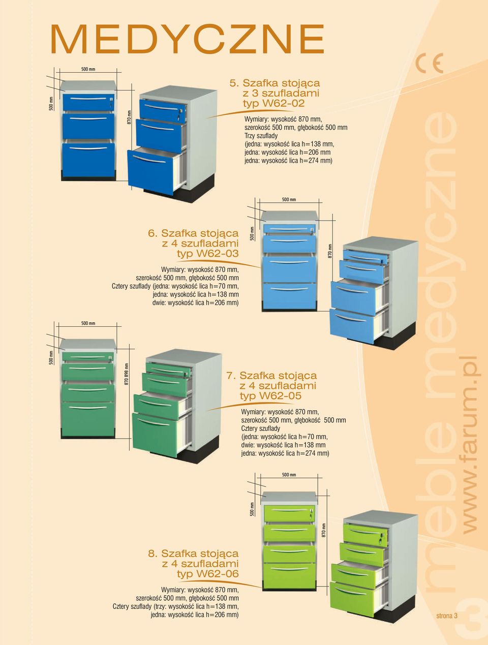 Szafka stojąca z 4 szufladami typ W62-03 szerokość 500 mm, głębokość 500 mm Cztery szuflady (jedna: wysokość lica h=70 mm, jedna: wysokość lica h=138 mm dwie: wysokość lica h=206 mm)