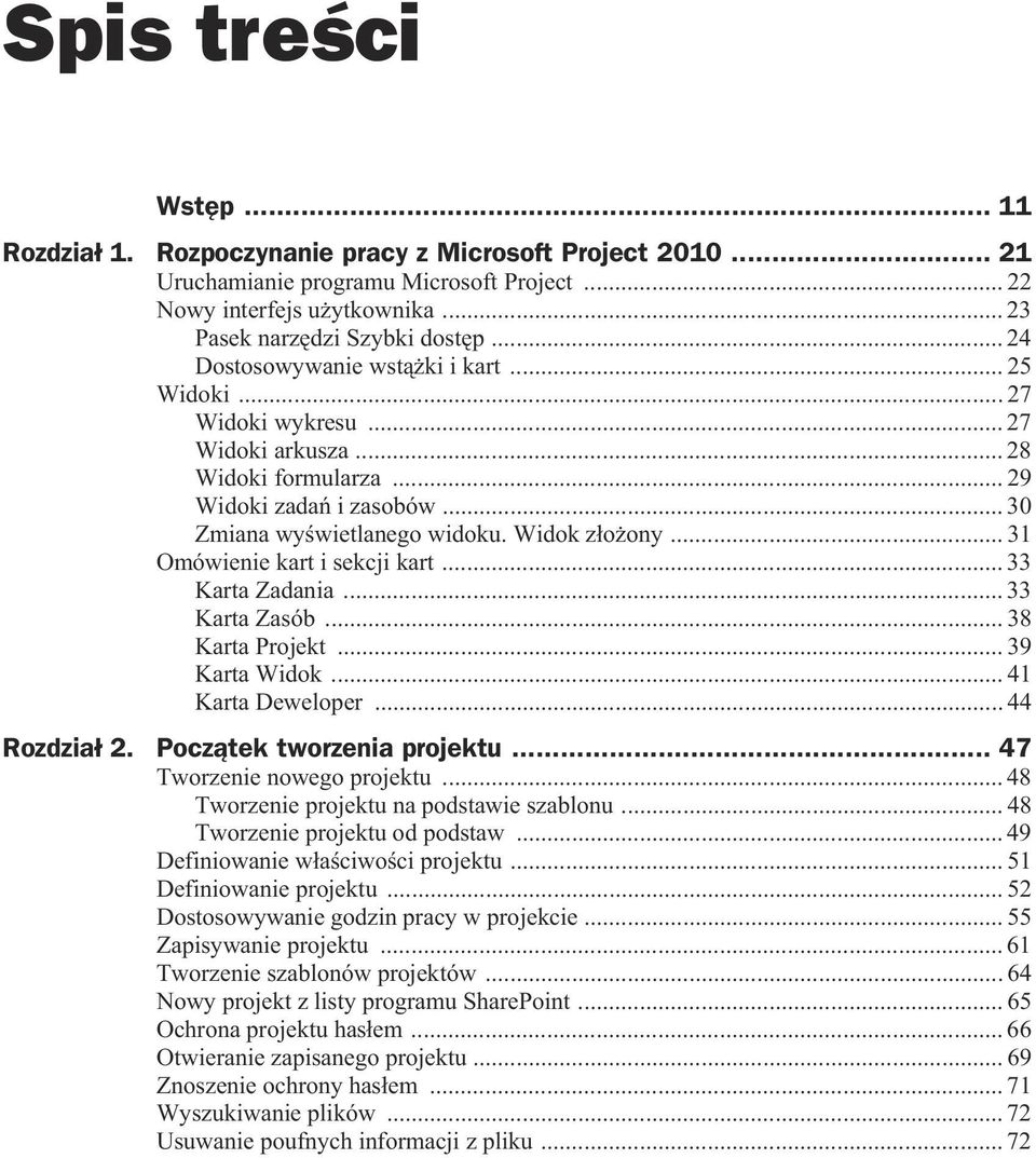 .. 31 Omówienie kart i sekcji kart... 33 Karta Zadania... 33 Karta Zasób... 38 Karta Projekt... 39 Karta Widok... 41 Karta Deweloper... 44 Rozdzia 2. Pocz tek tworzenia projektu.