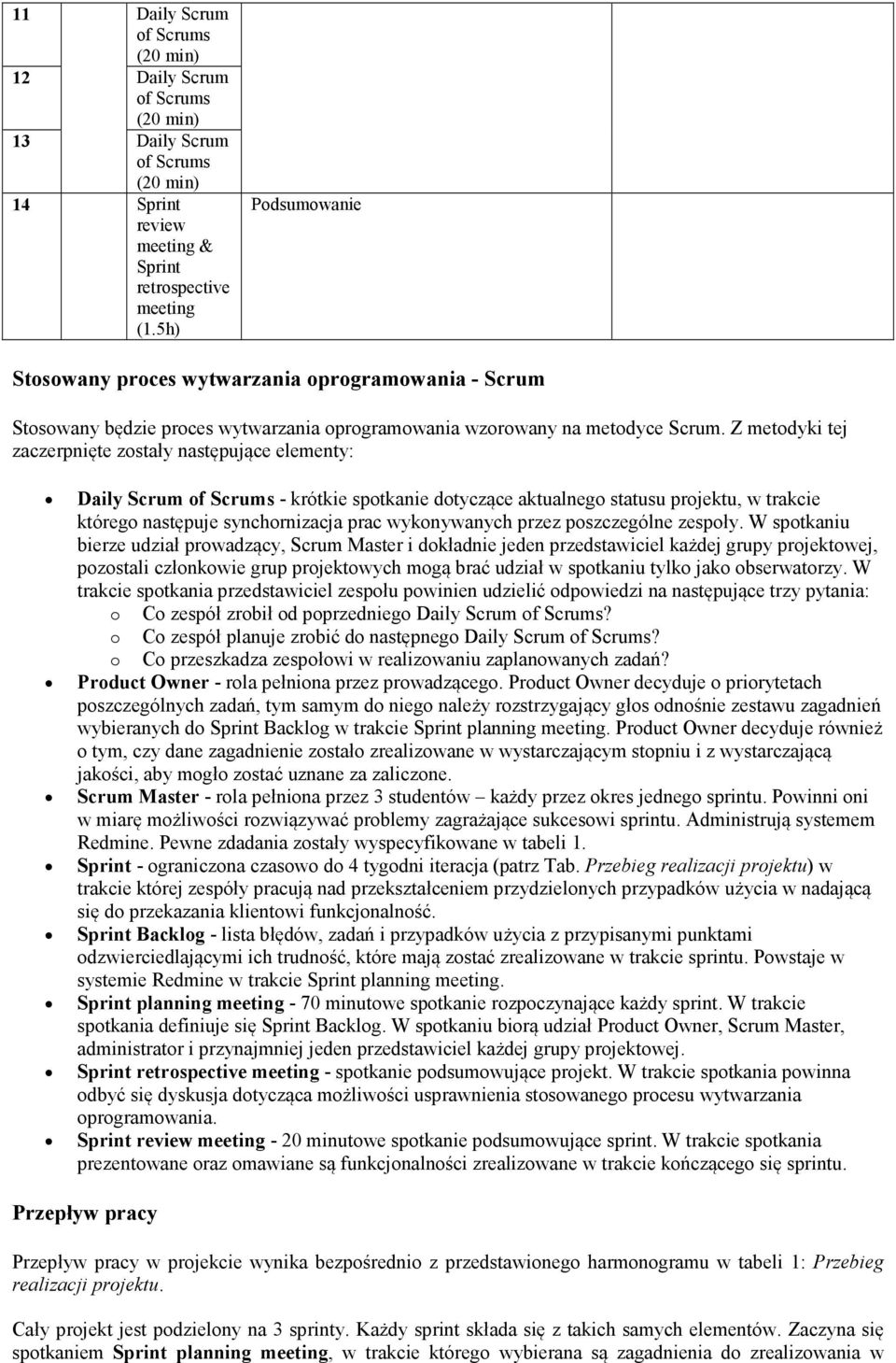 Z metodyki tej zaczerpnięte zostały następujące elementy: Daily Scrum - krótkie spotkanie dotyczące aktualnego statusu projektu, w trakcie którego następuje synchornizacja prac wykonywanych przez