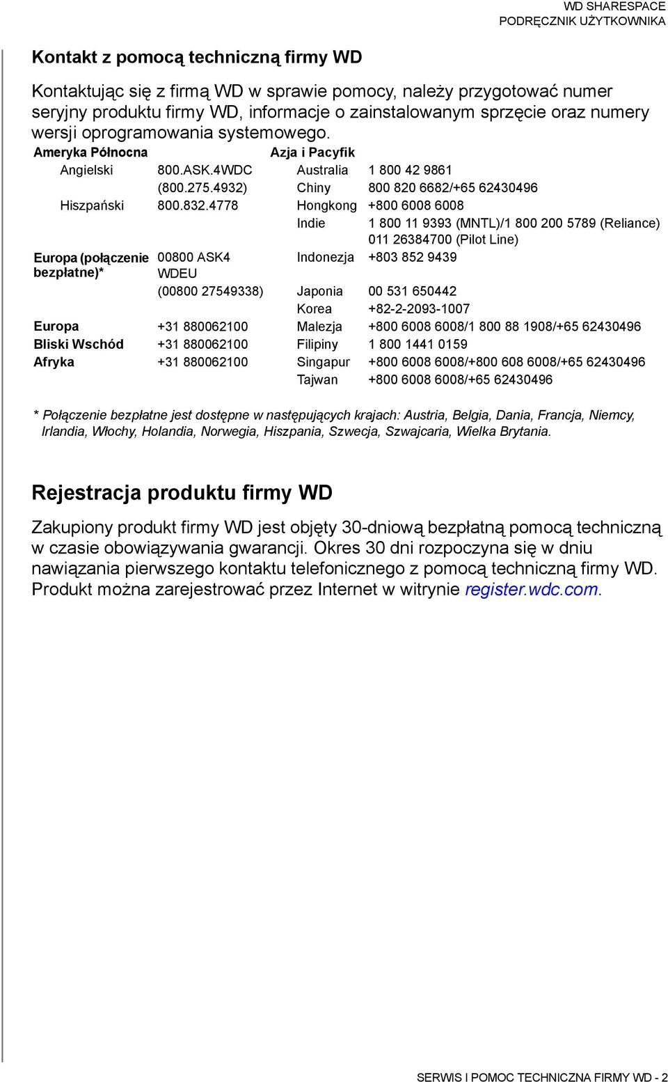 4778 Hongkong +800 6008 6008 Indie 1 800 11 9393 (MNTL)/1 800 200 5789 (Reliance) 011 26384700 (Pilot Line) Europa (połączenie 00800 ASK4 Indonezja +803 852 9439 bezpłatne)* WDEU (00800 27549338)