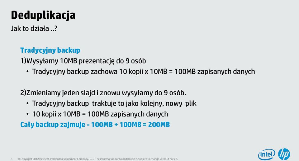 10 kopii x 10MB = 100MB zapisanych danych 2)Zmieniamy jeden slajd i znowu wysyłamy do