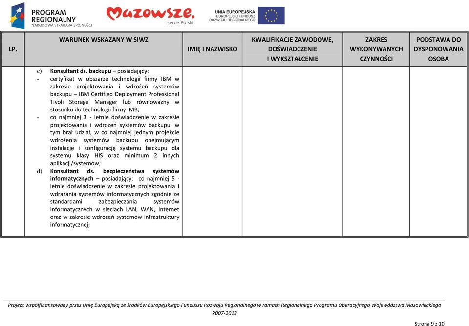 stosunku do technologii firmy IMB; - co najmniej 3 - letnie doświadczenie w zakresie projektowania i wdrożeo systemów backupu, w tym brał udział, w co najmniej jednym projekcie wdrożenia systemów