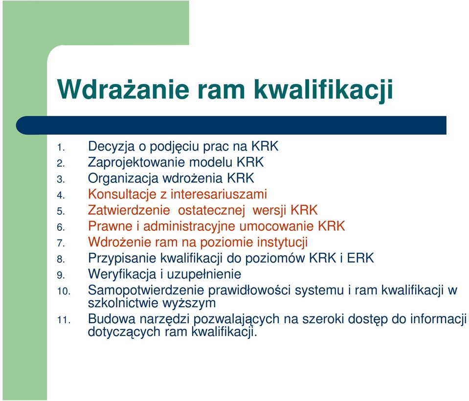 WdroŜenie ram na poziomie instytucji 8. Przypisanie kwalifikacji do poziomów KRK i ERK 9. Weryfikacja i uzupełnienie 10.