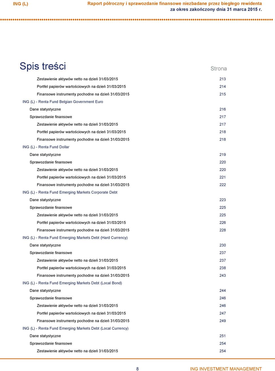 Portfel papierów wartościowych na dzień 31/03/2015 218 Finansowe instrumenty pochodne na dzień 31/03/2015 218 Renta Fund Dollar Dane statystyczne 219 Sprawozdanie finansowe 220 Zestawienie aktywów