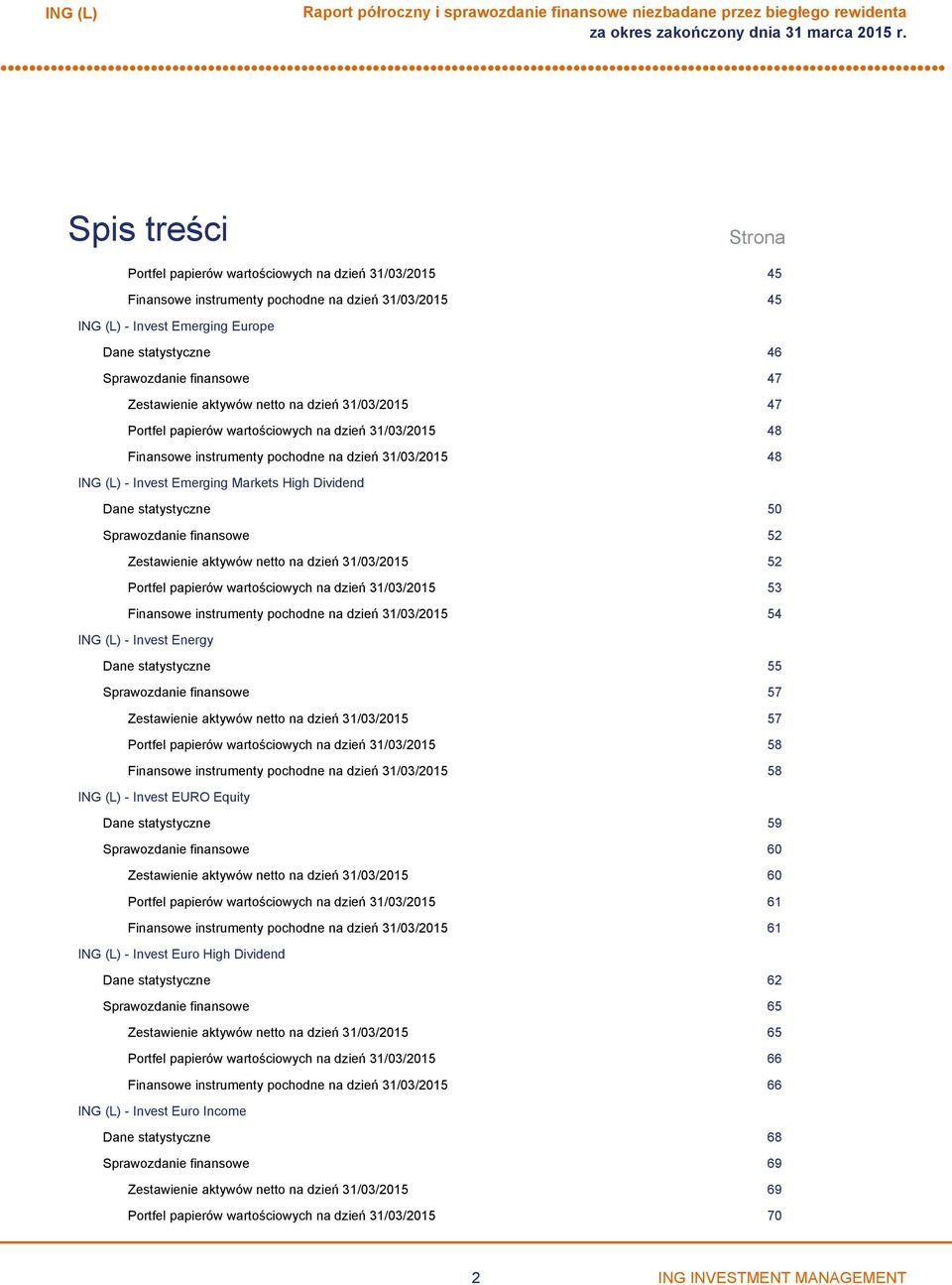 instrumenty pochodne na dzień 31/03/2015 48 Invest Emerging Markets High Dividend Dane statystyczne 50 Sprawozdanie finansowe 52 Zestawienie aktywów netto na dzień 31/03/2015 52 Portfel papierów
