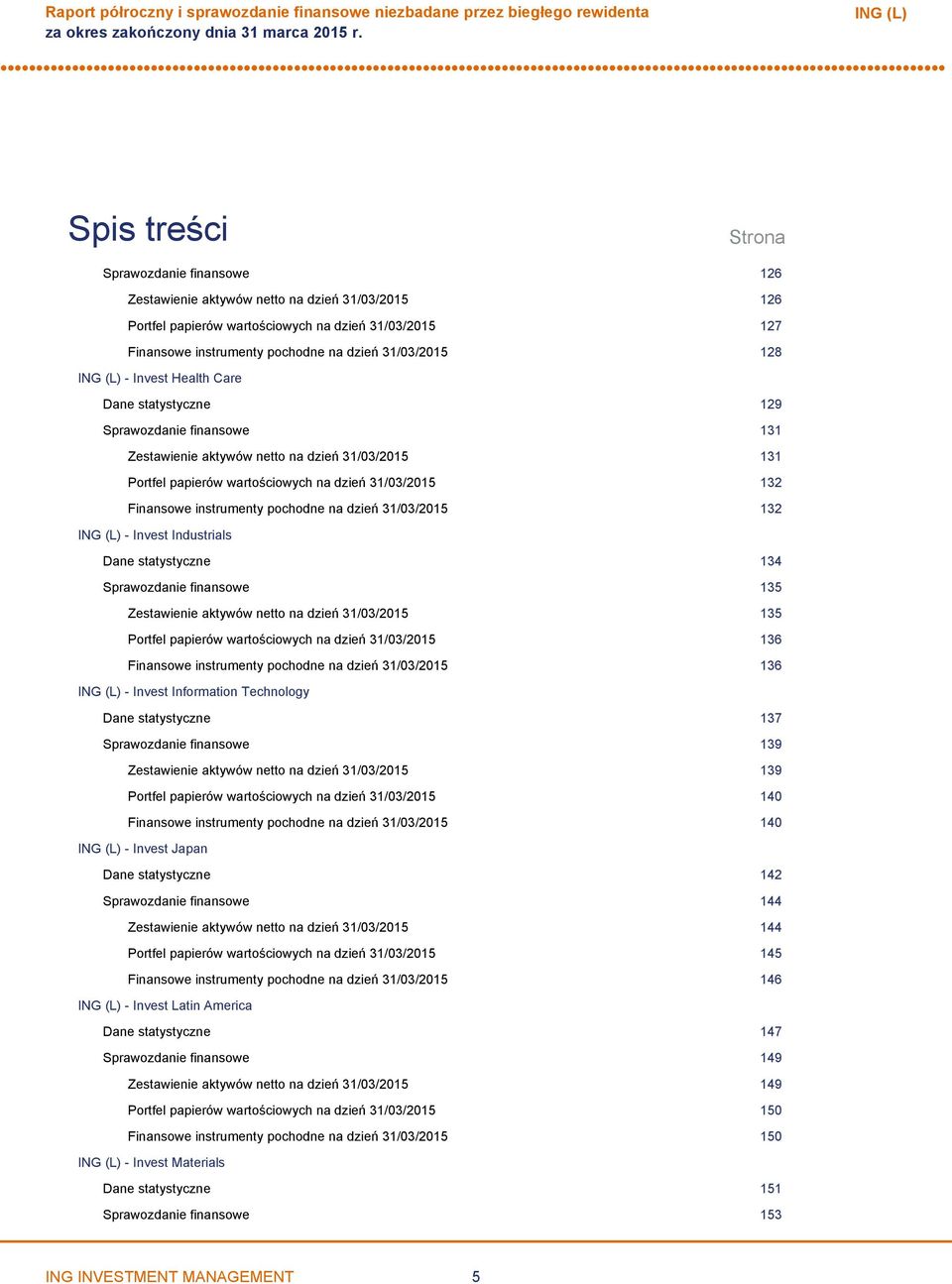 31/03/2015 131 Portfel papierów wartościowych na dzień 31/03/2015 132 Finansowe instrumenty pochodne na dzień 31/03/2015 132 Invest Industrials Dane statystyczne 134 Sprawozdanie finansowe 135