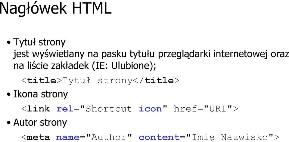 <title>tytuł strony</title> Ikona strony <link rel="shortcut