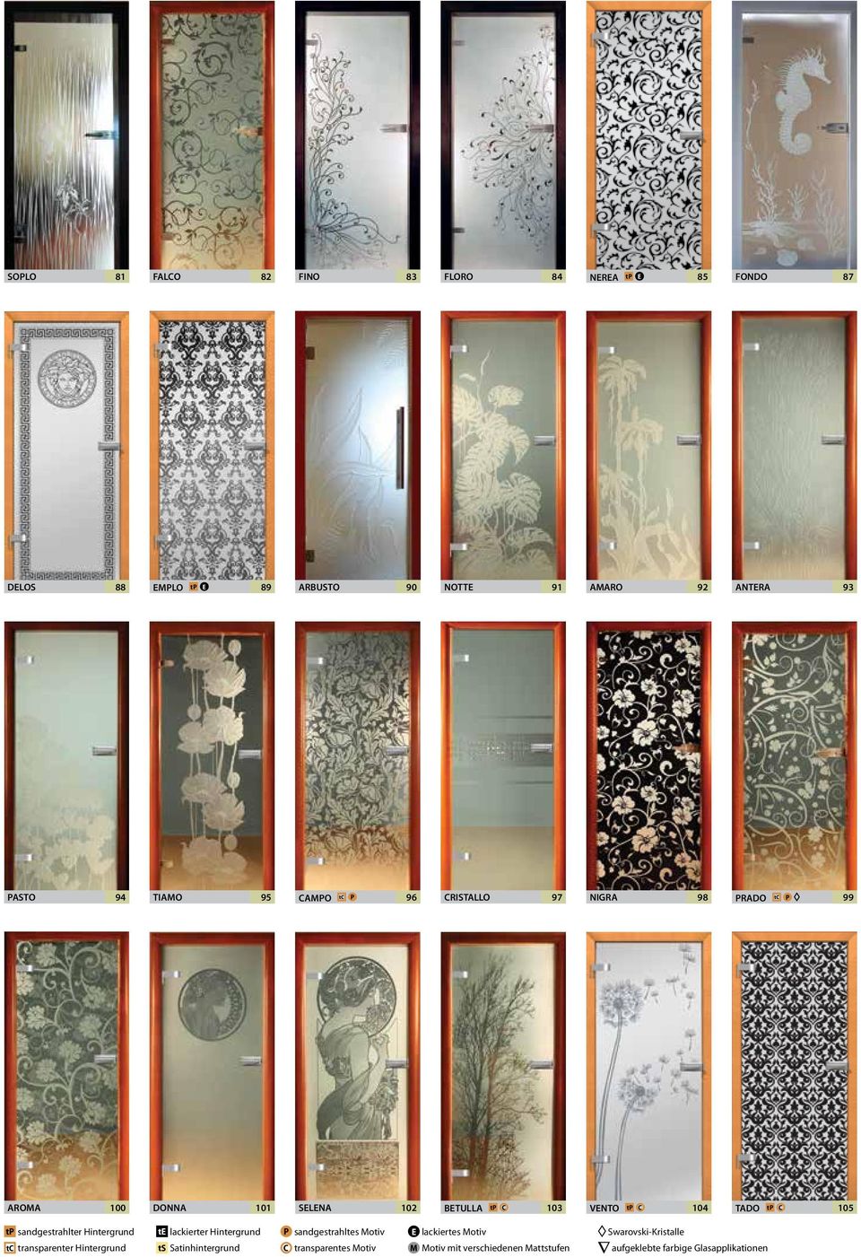 105 tp sandgestrahlter Hintergrund te lackierter Hintergrund P sandgestrahltes Motiv E lackiertes Motiv Swarovski-Kristalle tc
