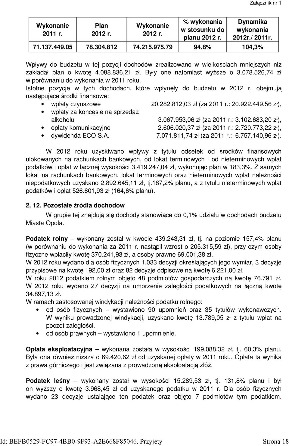 526,74 zł w porównaniu do wykonania w 2011 roku. Istotne pozycje w tych dochodach, które wpłynęły do budŝetu w 2012 r. obejmują następujące środki finansowe: wpłaty czynszowe 20.282.